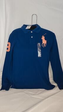 Polo Ralph Lauren Boys M 10-12 Big Pony Long Sleeve Polo Shirt Blue Orange NWT